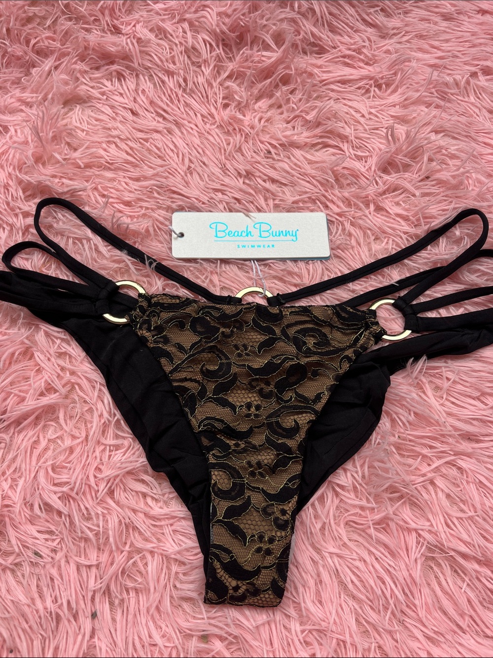 Beach Bunny Gun Powder and Lace Black with Gold Lace Triangle Bikini Bottom